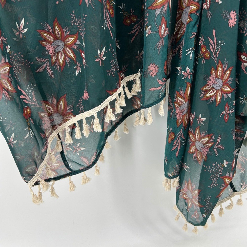 SHEIN Curve Floral‎ Kimono Swim Coverup Dark Green Tassel Trim 4XL Boho Festival - Picture 3 of 7